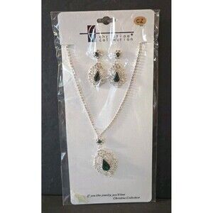 New Christina Collection Necklace Earrings Set Prom Formal Faux Emerald Green